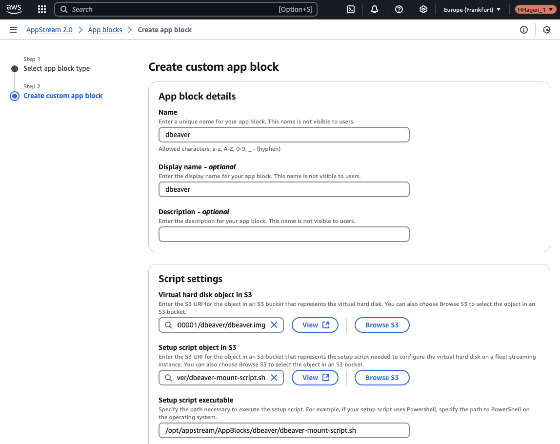 AppStream App Block Settings