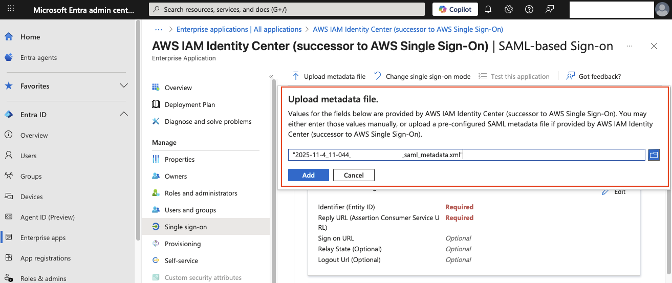 Entra ID Upload Metadata file