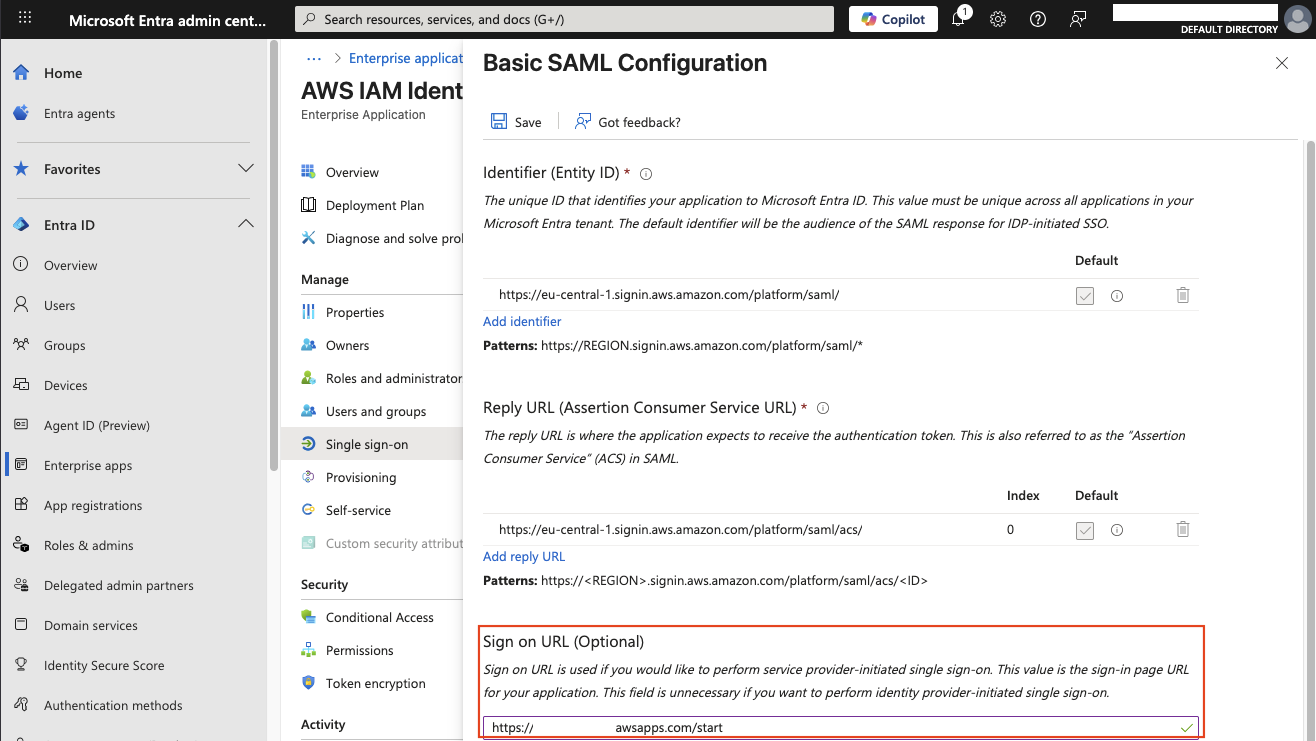 Entra ID Enter AWS Sign on URL