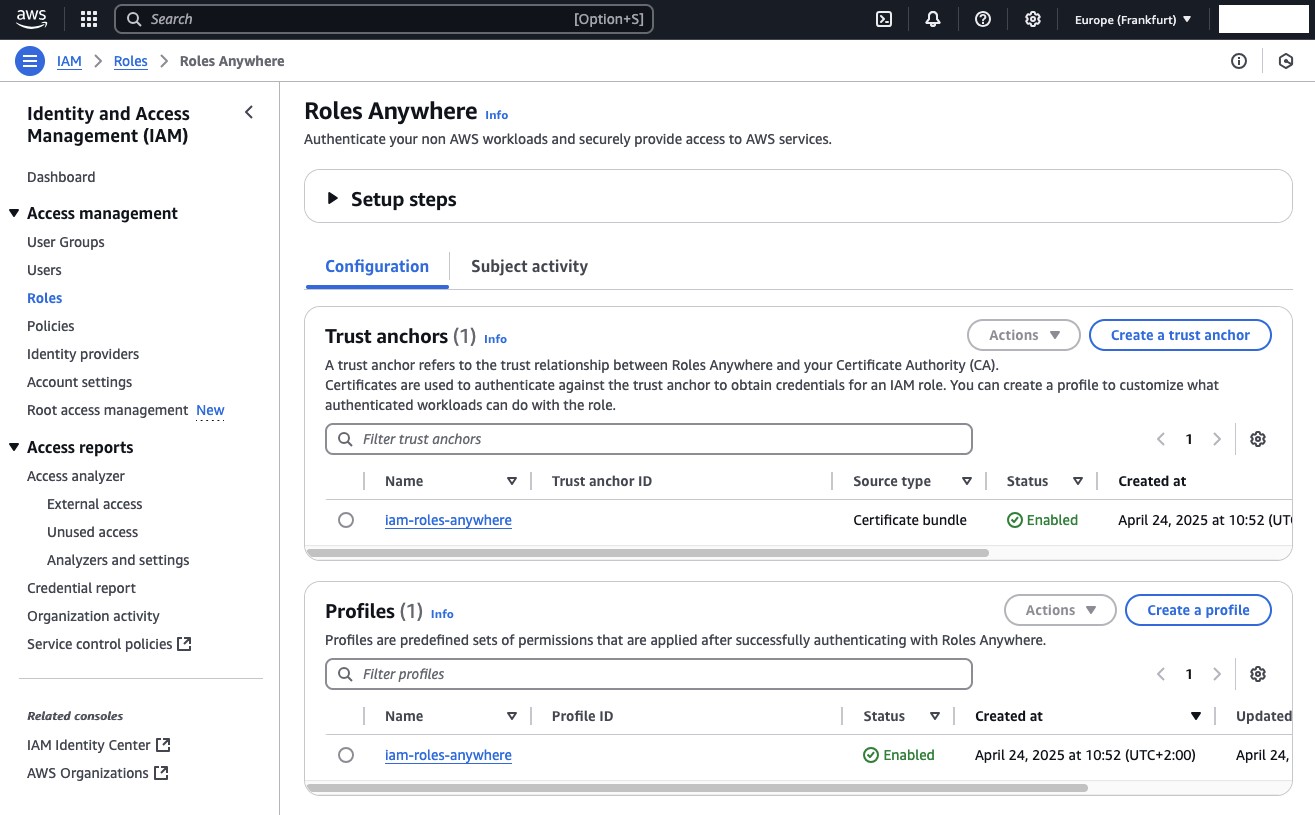 IAM Roles Anywhere Setup Screen