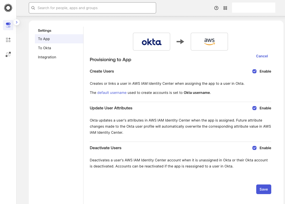 Okta Provisioning Settings